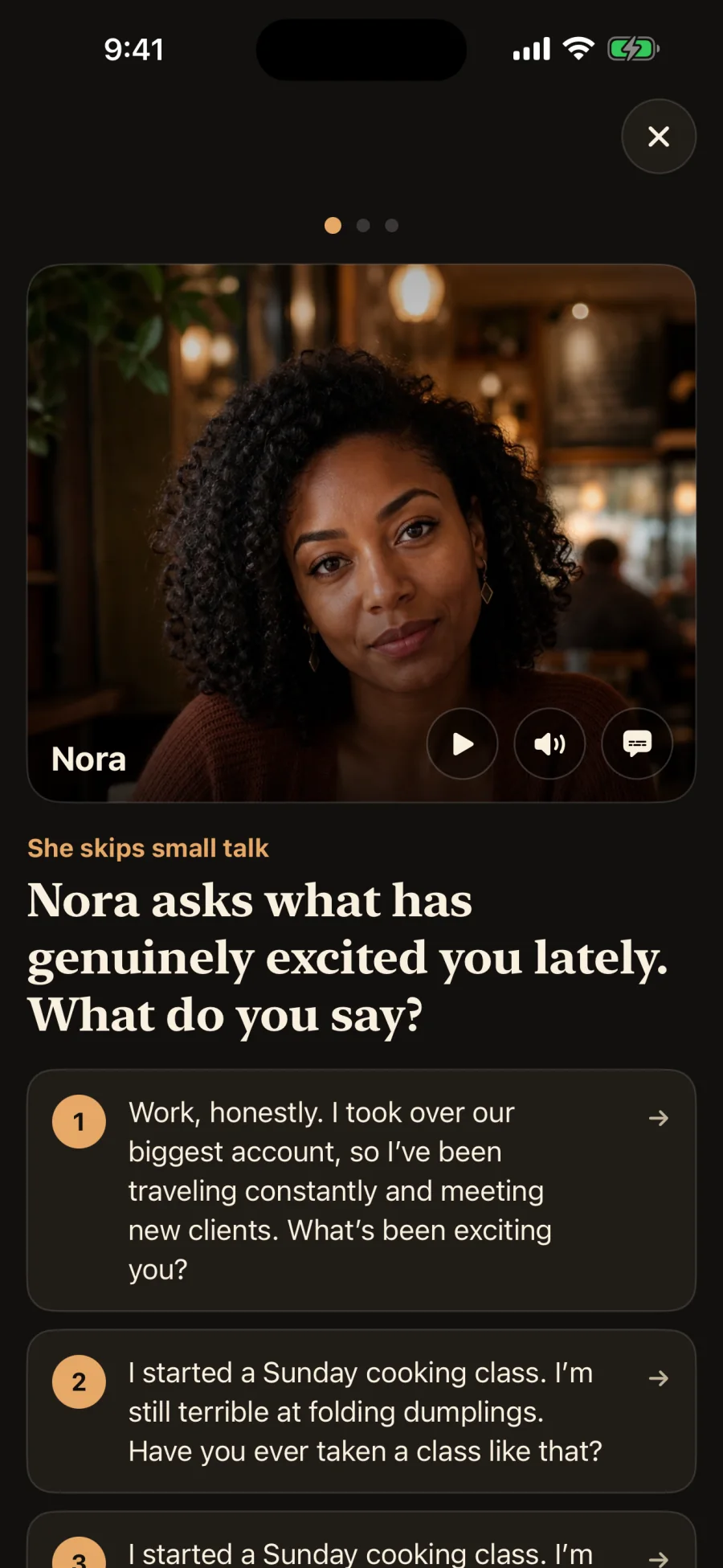 A first-date scenario in LibraLM Scenario with Nora and three response choices