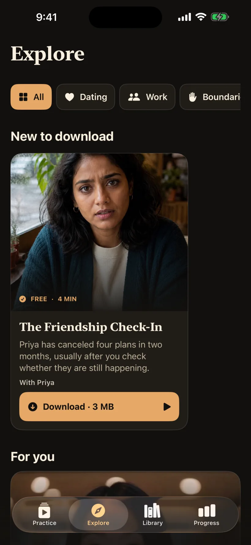 The Explore screen with dating, work, boundaries, negotiation, and connection practices