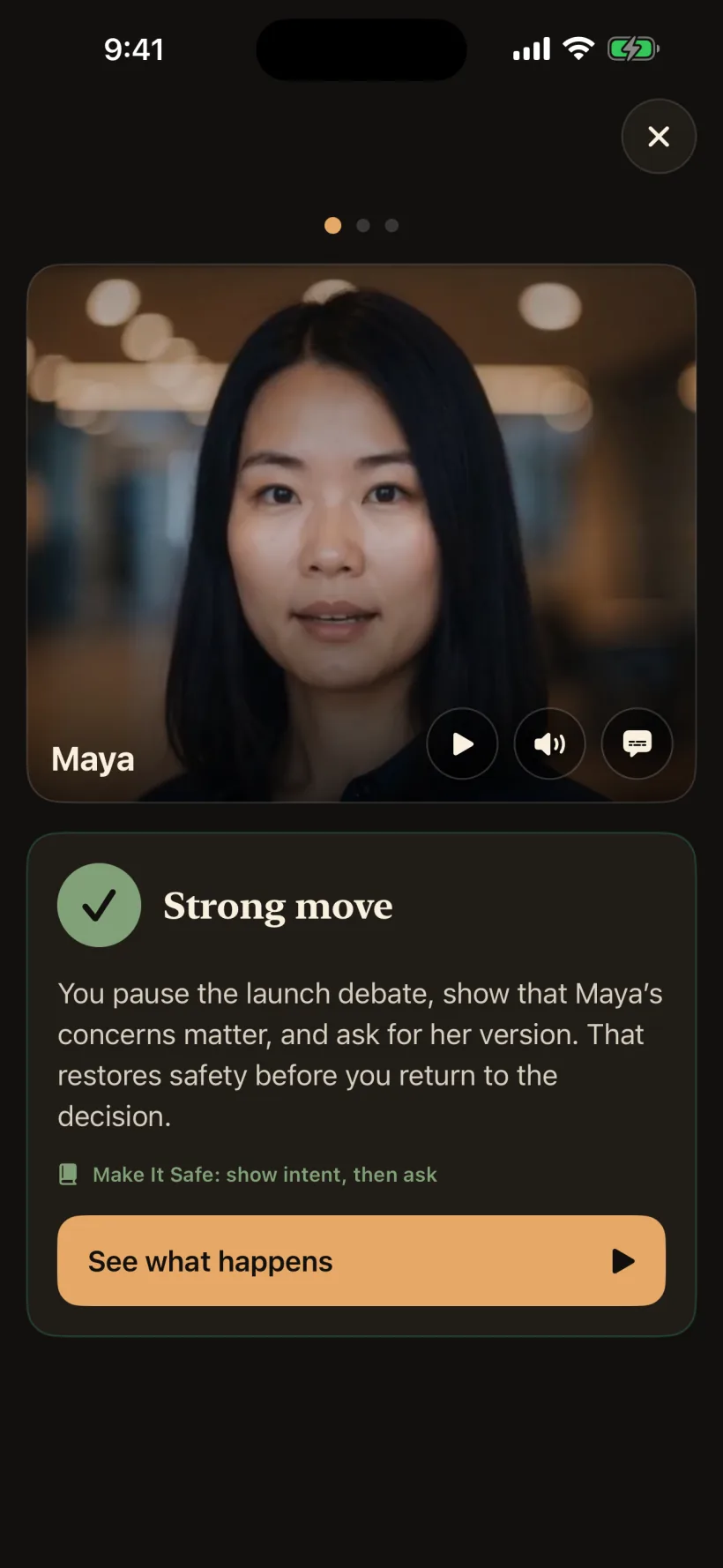 Immediate feedback after responding to Maya in a scenario