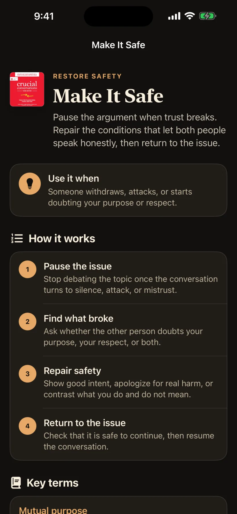 A framework guide with steps, terms, and the scenario where it was practiced