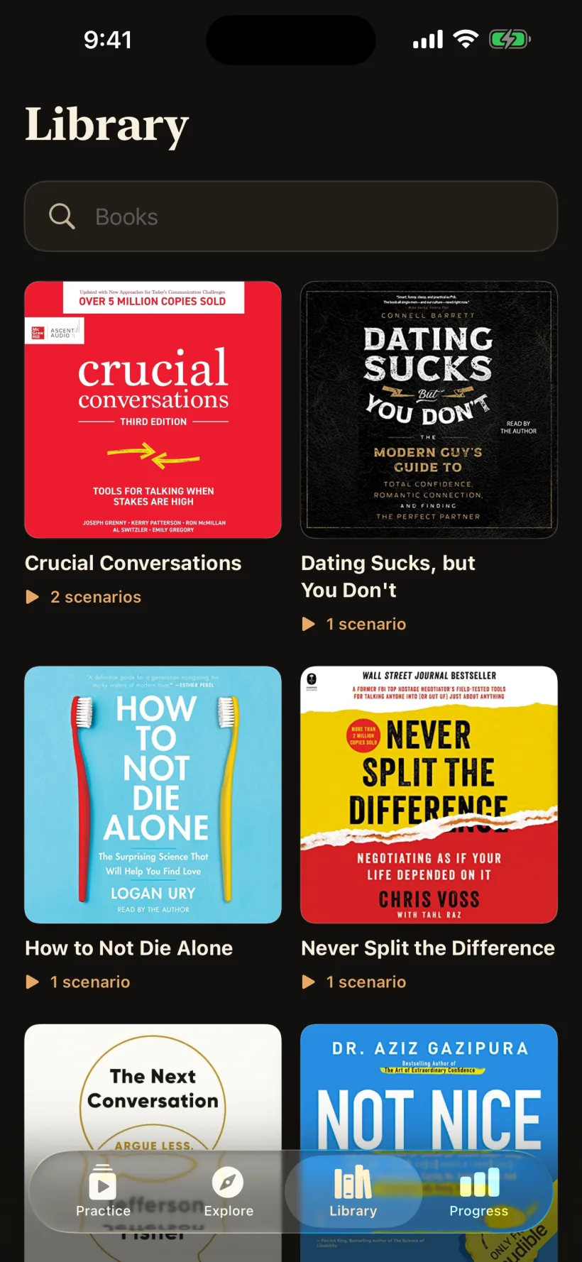 The LibraLM Scenario library with real book covers and linked scenarios