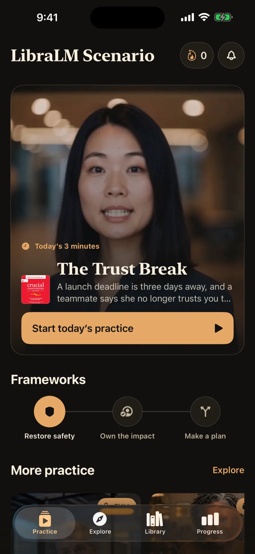 The LibraLM Scenario practice screen showing The Trust Break