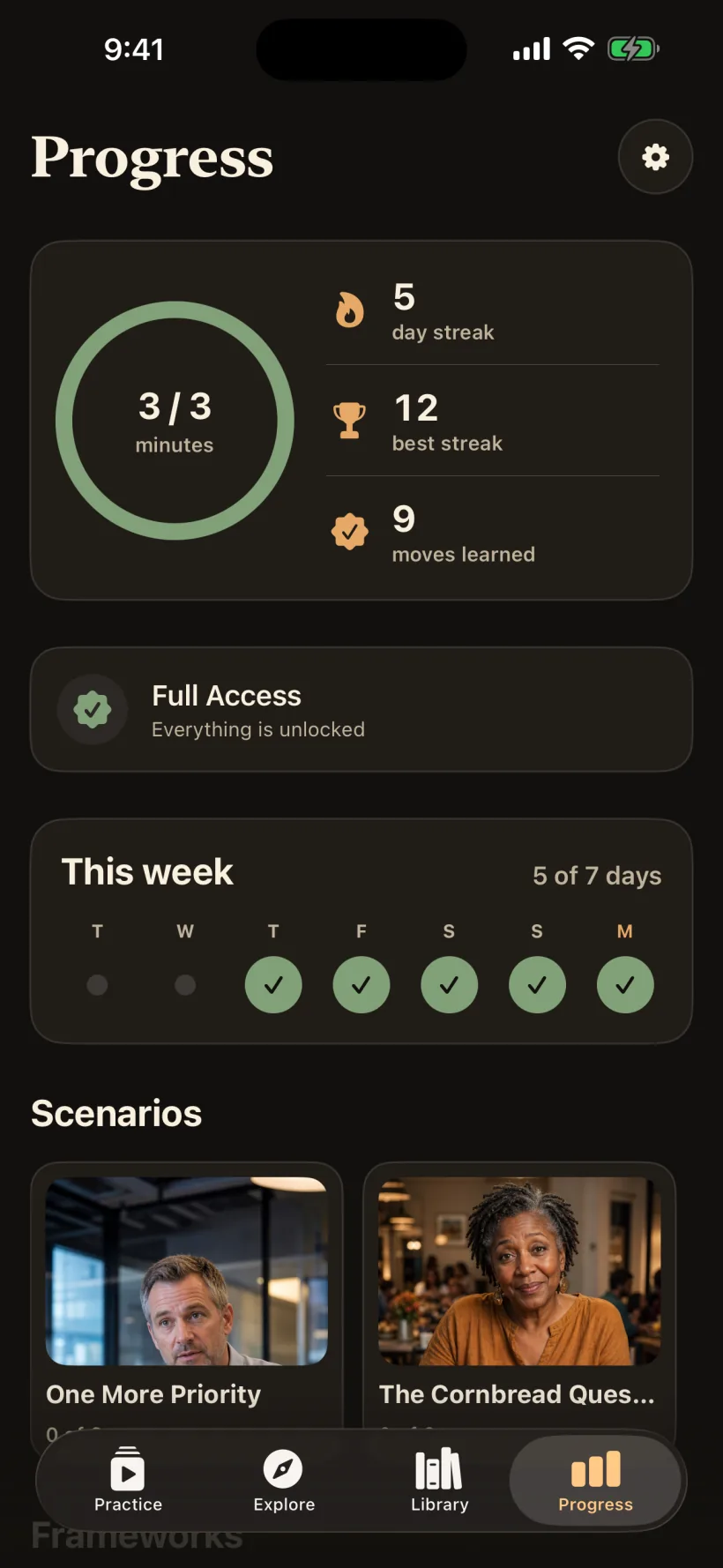 The Progress screen with a three-minute goal, streak, and practiced scenarios
